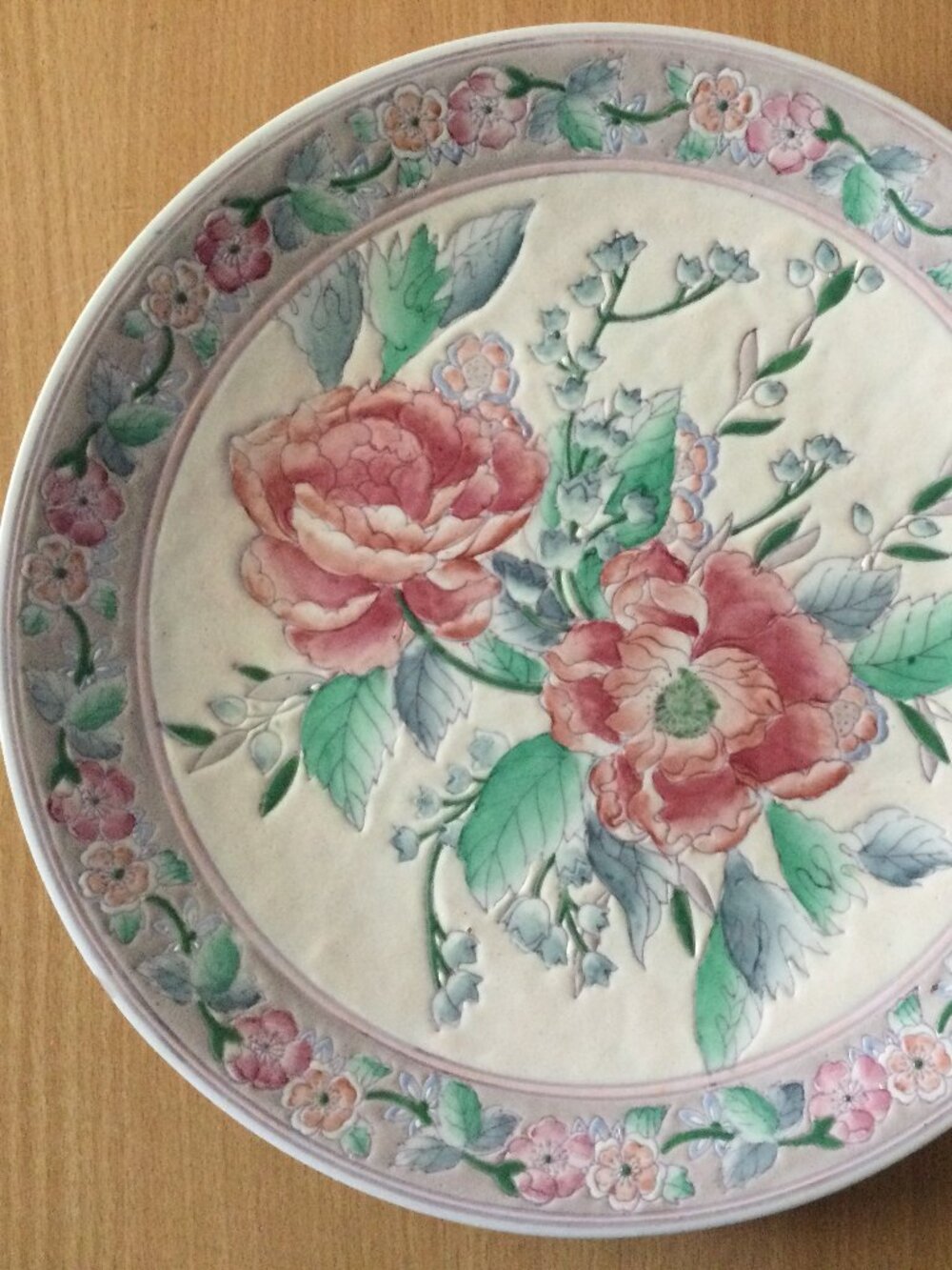12" Vintage floral ceramic display plate hand‑painted roses flowers border